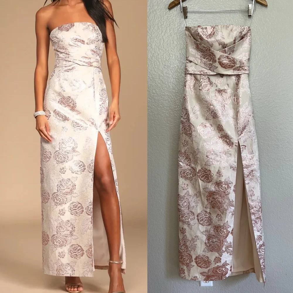 Redefine Regal Pale Pink Floral Jacquard Strapless Maxi Dress